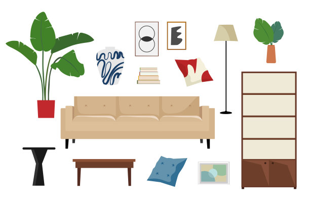 米色沙发，架子，植物和图片的插图集图片下载
