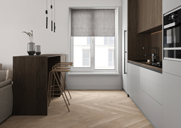 现代简约风格的木质厨房室内设计与窗户和岛屿的背景。3 d渲染。高质量3d插图图片下载