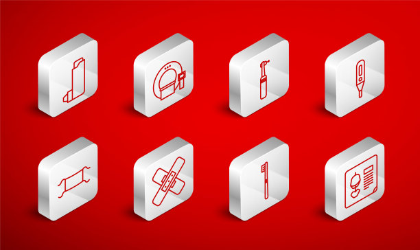 设置线x射线镜头，断层扫描，牙钻，医疗数字温度计，牙刷，吸入器，交叉绷带石膏和防护口罩图标。向量图片下载