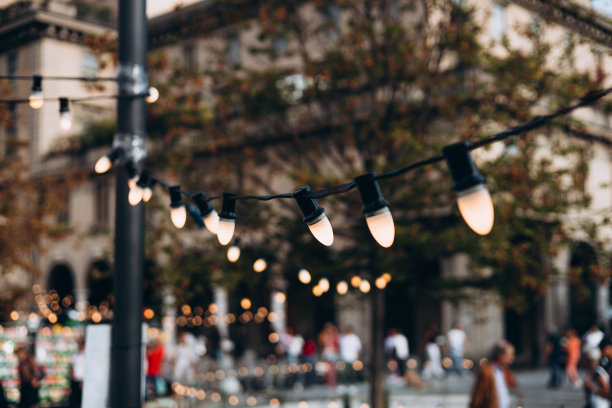 装饰户外街道电子花环。旧灯泡。灯挂在院子里。平台的概念。串线灯泡。派对上的彩灯装饰图片下载
