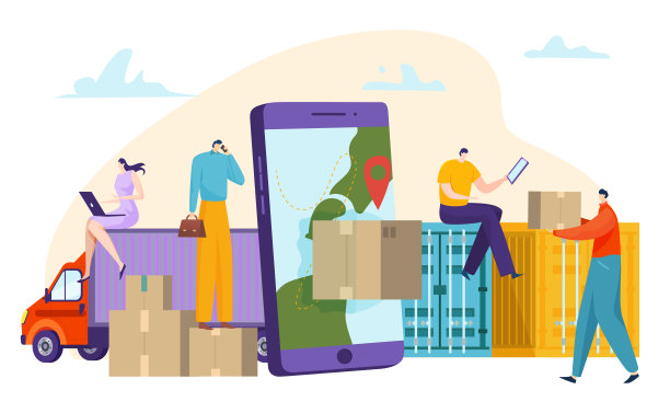 在线配送服务理念，业务快速快递发货，通过手机跟踪货物，平面风格矢量插画。图片下载