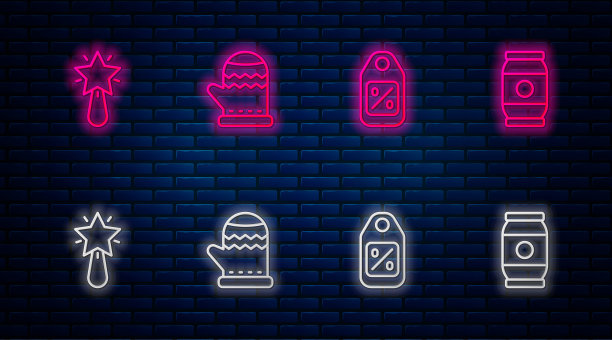 设置线圣诞手套，价格标签与销售，星星和啤酒罐。砖墙上发光的霓虹灯图标。向量图片下载