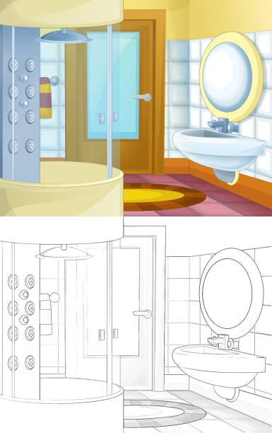卡通素描场景与彩色浴室-插图图片下载