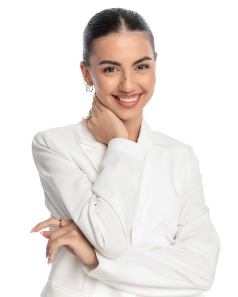 迷人的年轻女商人的肖像牵着手在脖子上图片下载