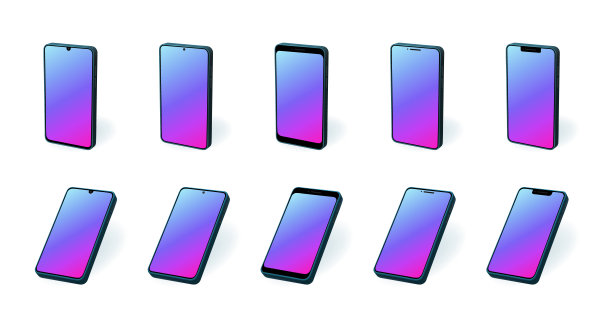 手机三维透视模型。彩色iphone品牌界面显示与最小的复制空间矢量图案。触摸屏ui界面。图片下载