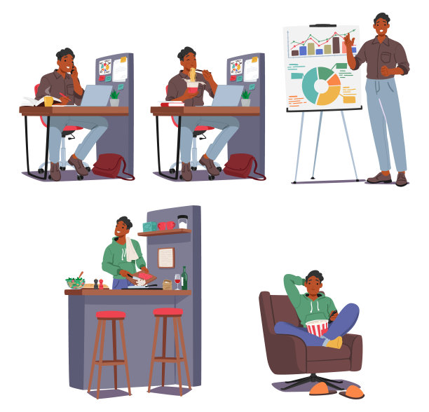 男性角色的日常生活和仪式。年轻的黑人在办公室工作，在工作场所用餐，做演讲图片下载