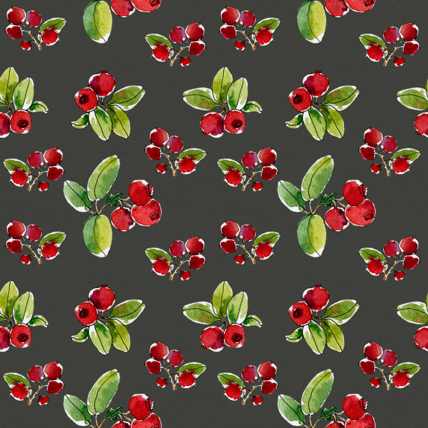 可爱的秋天植物无缝背景蔓越莓，红莓。北欧浆果。手绘纹理。用于纺织印花、包装纸、食品、化妆品的包装设计。图片下载