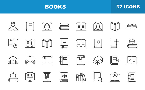 书籍线图标。可编辑的中风。包含笔记本，阅读，写作，学习，有声读物，科学等图标。图片下载