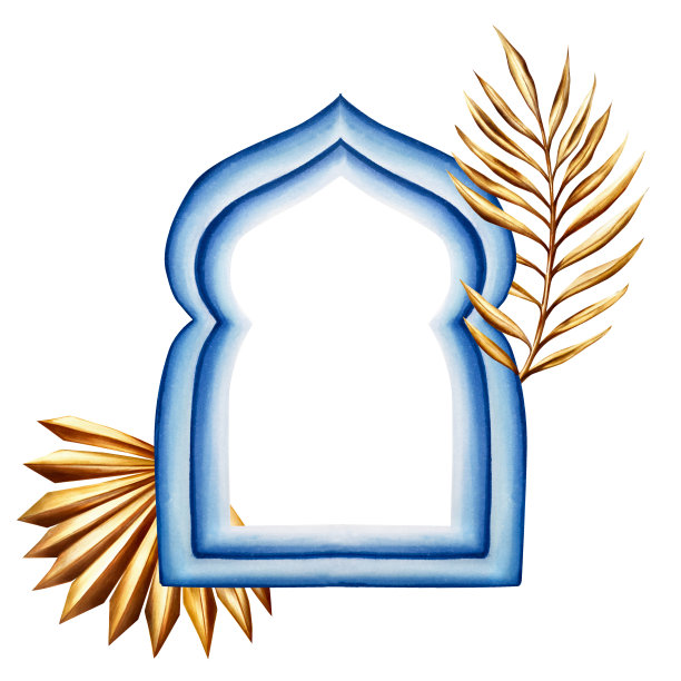 摩洛哥阿拉伯马赛克水彩插画与金色蒲苇草及海枣树叶，适用于斋月开斋节贺卡图片下载