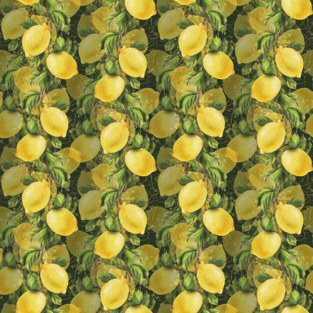 柠檬是黄色的，多汁的，成熟的叶子是绿色的，枝上有花蕾，有整个的，也有切片的。水彩画，手绘植物插图。绿色背景上的无缝图案图片下载