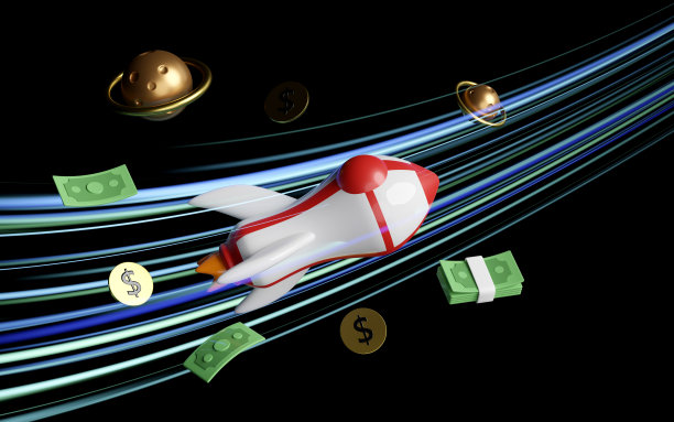 火箭用钞票堆，硬币美元钱，星星。货币价值像天上的火箭一样飙升。3d渲染图图片下载