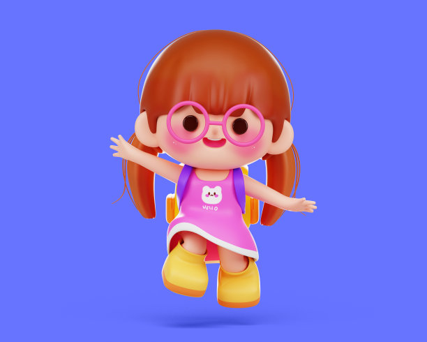 可爱的女孩或孩子跳跃卡通3d插图人物图片下载