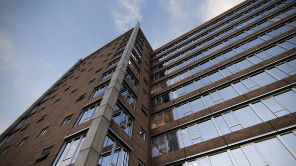 办公大楼，商业中心，多云的天空，广角窗户和砖。3D渲染图。图片下载