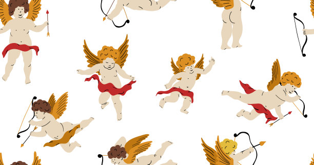 丘比特拿着弓箭。情人节无缝图案。手绘卡通可爱壁纸复古复古风格。黑龙江的男孩。神厄洛斯。爱情飞行天使情人节背景矢量插图图片下载