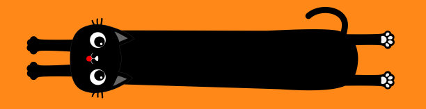 可爱的黑猫。万圣节快乐。身体长，有爪印和尾巴。卡通卡哇伊婴儿角色。滑稽的脸头剪影，舌头。猫叫。卡哇伊宠物动物。平面设计。孤立。橙色背景。图片下载