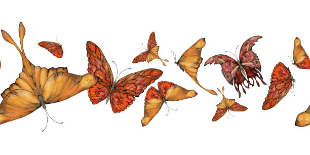 手绘水彩插画蝴蝶仙女翅膀宝石水晶虫蛾。琥珀石榴石，太阳石玛瑙红宝石。无缝边界隔离在白色背景。设计印刷，商店，婚礼，生日图片下载