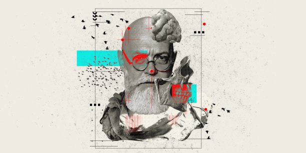 老年人认知心理学与大脑健康杂志封面设计。严肃的老人和大脑元素的肖像。科学家图片下载