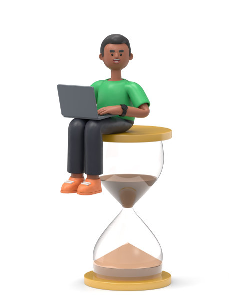 3D插图英俊的非洲人大卫坐在沙漏与膝上电脑双腿交叉。时间管理和拖延的商业概念。图片下载