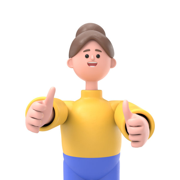 亚洲女性安吉拉的3D插图，用手赞许做积极的手势，大拇指向上，微笑着，为成功而高兴。赢家的姿态。图片下载