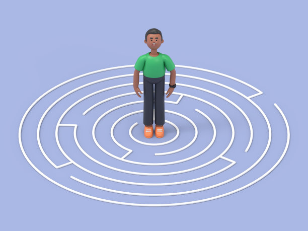 3D插图英俊的非洲人大卫站在迷宫的中心。艺术概念描绘挑战，寻找出路，逃避，障碍，解决问题，解决问题。图片下载