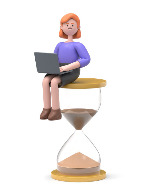 3D插图欧洲女商人艾伦坐在沙漏与膝上电脑双腿交叉。时间管理和拖延的商业概念。图片下载