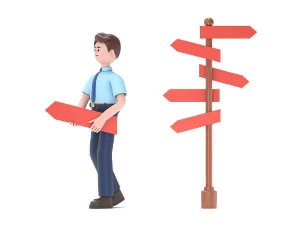 选择方向。定向概念，三维动画设计插图。亚洲人felix的3D插图。白色背景的3D渲染。图片下载