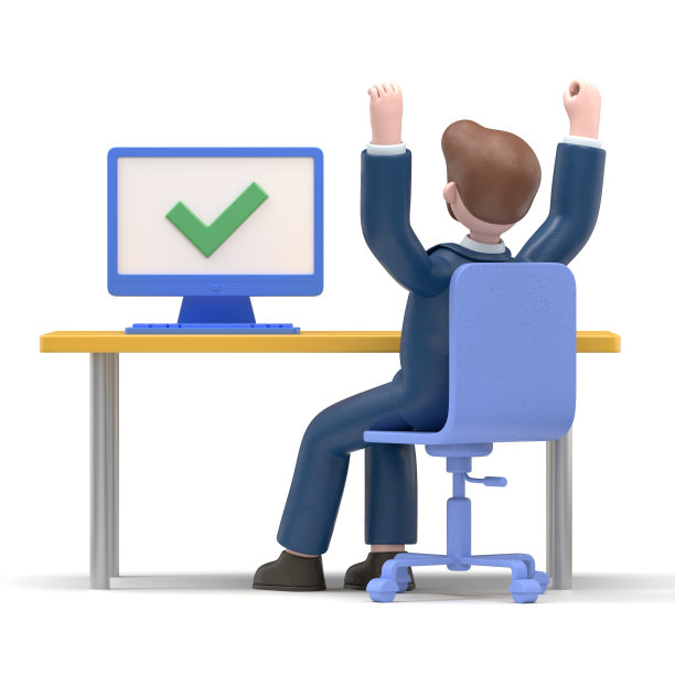 长着胡子的美国商人鲍勃完成了任务，并在他的工作场所举手获胜的3D插图。工作做得很成功。完成任务。图片下载