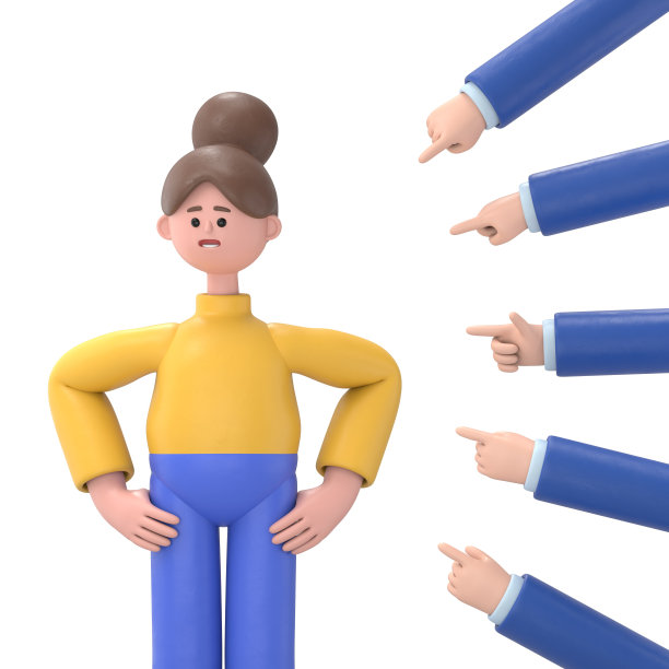 社会责难或指责的概念。许多手指着一个沮丧悲伤的人。成为嘲笑和欺凌的受害者。骚扰。平面风格的3D插图。白色背景的3D渲染。图片下载