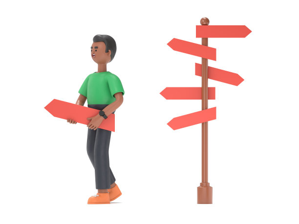 选择方向。定向概念，三维动画设计插图。英俊的非洲人大卫的3D插图。白色背景的3D渲染。图片下载