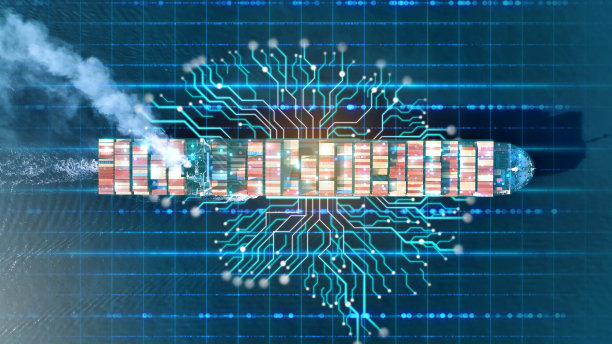 人工智能大脑技术货运集装箱船。全球物流国际配送物流和供应链网络配送集装箱船舶运行为出口进口到海关概念等距图片下载