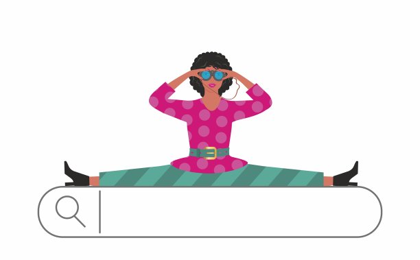 网络搜索，带着望远镜的时髦女人。孤立。矢量插图。图片下载