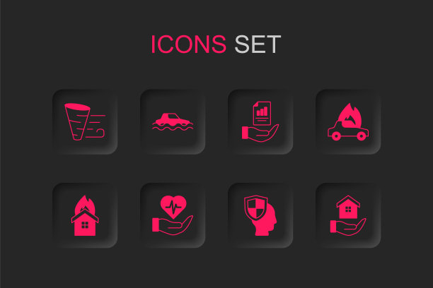 手上的寿险、汽车被淹、龙卷风、盾牌、房屋燃烧、合同和火灾房屋图标矢量素材图片下载