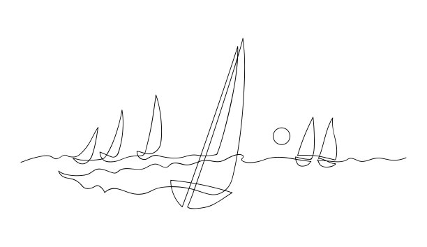 海浪上的游艇。天空中的海鸥。连续线条绘制。矢量插图。隔离在白色背景上图片下载