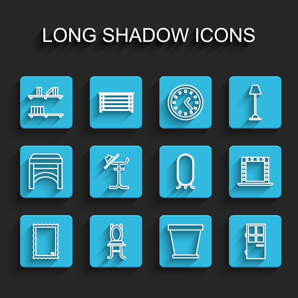 集线图片，椅子，书架与书籍，花盆，闭门，大衣架，化妆镜灯和大全长图标。向量图片下载