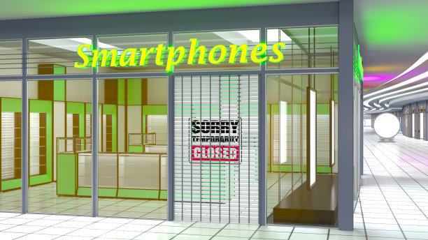 智能手机店立面，玻璃店面和卷帘门，霓虹灯招牌图片下载