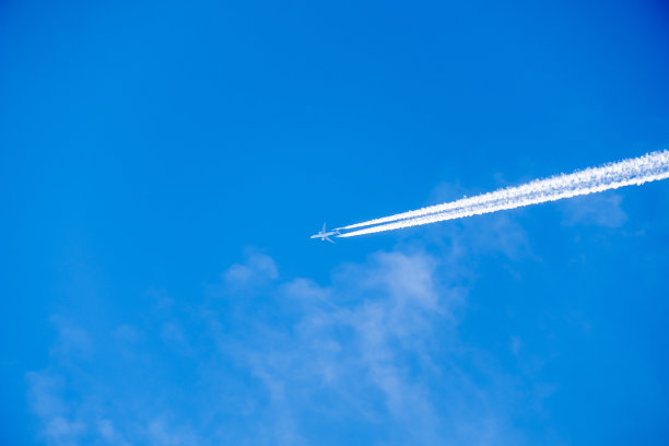 一架客机在遥远的蓝天上高空飞行，留下了白色的烟雾痕迹。航空运输概念。图片下载