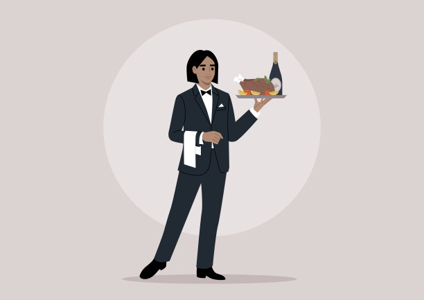 一位优雅的侍者，穿着光滑的黑色燕尾服，手上披着餐巾，优雅地端着一个托盘，上面放着一瓶起泡酒和一只烤鸡图片下载