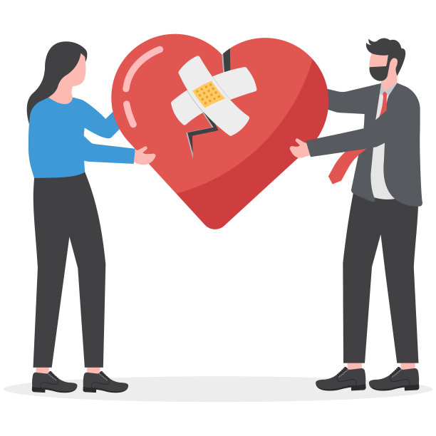 宽恕使关系长久，同舟共济或恩爱夫妻的概念，幸福的男女，夫妻用绷带缠在心碎的形状上作为宽恕的象征。图片下载