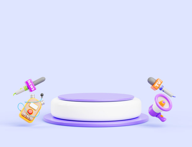 3d讲台，配有电视新闻麦克风，扬声器和录音机，用于采访。空的圆形舞台，用于演示，公开演讲，声明或公告，卡通渲染图标图片下载