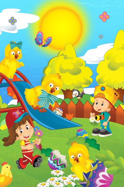 复活节操场上的卡通快乐和小朋友们玩耍的快乐插画图片下载