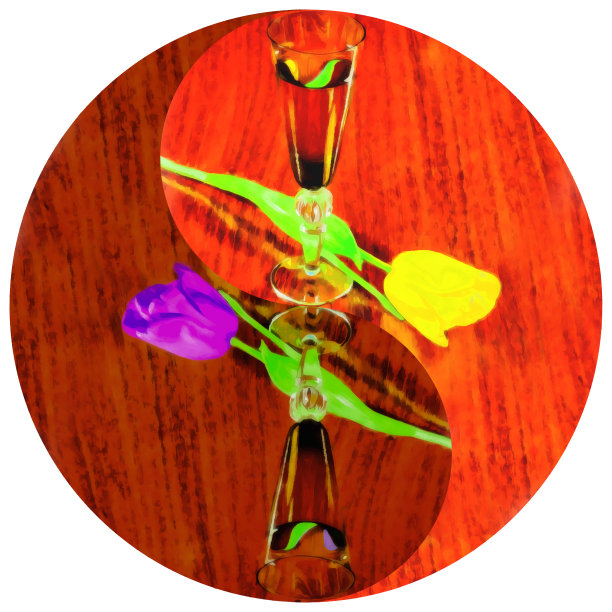 水彩画象征阴阳。木制背景上的酒杯和郁金香花。曼陀罗水彩插图图片下载