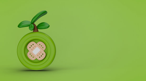 3d自然护理符号与绷带。3d渲染插图孤立的绿色背景与复制空间和可持续发展的主题。图片下载
