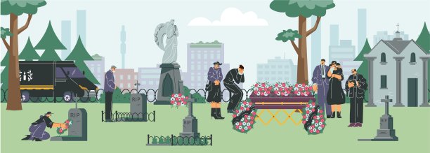 葬礼，人在墓地，卡通风格矢量插图。图片下载