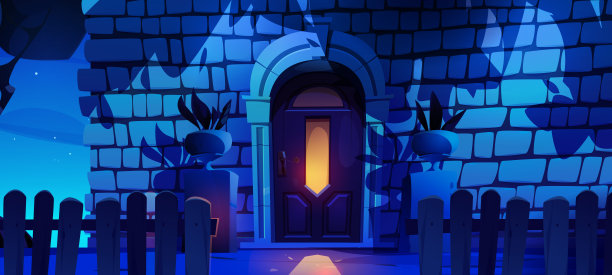 砖墙的房子，晚上有门。图片下载