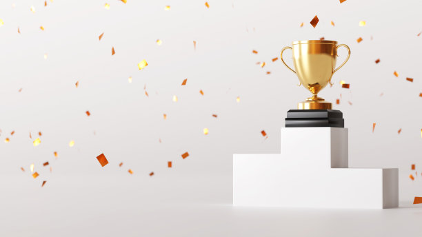 金色五彩纸屑和3D奖杯，领奖台图片下载