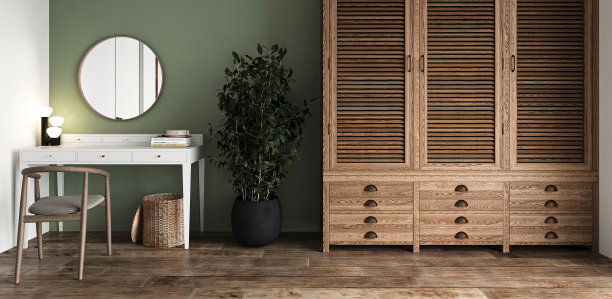 带有梳妆台、镜子和衣柜背景的经典乡村卧室。轻现代日本自然观。水平横幅全景背景。3 d渲染。高质量3d插图图片下载