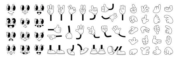 一组70年代groovy漫画面孔矢量。收集卡通人物的脸，腿，手在不同的情绪高兴，生气，悲伤，开朗。可爱的复古时髦的装饰，贴纸嬉皮士插图图片下载