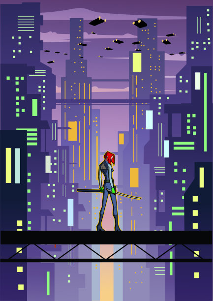 矢量女雇佣兵在赛博朋克城市矢量插图图片下载