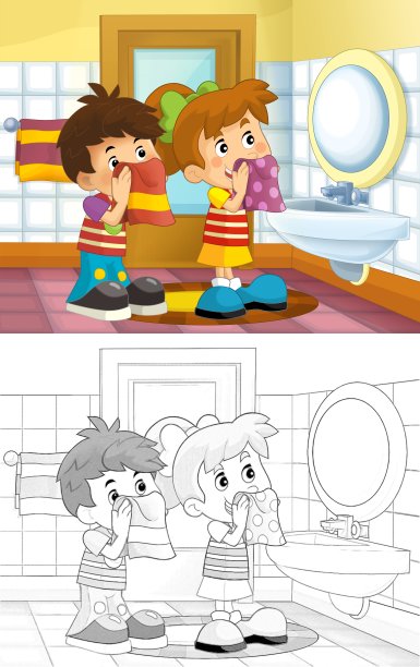 卡通画里的孩子在浴室里——男孩和女孩在洗脸图片下载