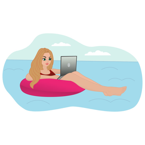 年轻女性休息和远程工作。矢量插图一个美丽的女孩漂浮在海上的充气环和笔记本电脑的工作图片下载